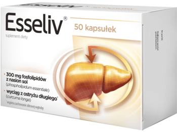 Białe opakowanie Esseliv 50 kapsułek, suplement diety na wątrobę z fosfolipidami, widok z przodu.