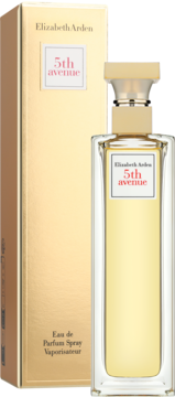 Elizabeth Arden 5th Avenue woda perfumowana w złotym pudełku i przezroczystym flakonie z jasnym płynem, widok z przodu.