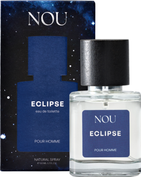 Nou Eclipse męska woda toaletowa, butelka przed ciemnoniebieskim pudełkiem z gwiazdami, świeży, drzewny zapach.