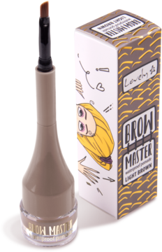 Jasnobrązowa wodoodporna pomada do brwi Lovely Brow Master w słoiczku z aplikatorem, obok kartonowe pudełko.