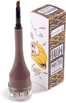 Ciemnobrązowa wodoodporna pomada do brwi BROW MASTER Lovely Me w słoiczku z pędzelkiem i opakowaniem.