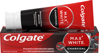 Czerwono-czarna tubka i pudełko wybielającej pasty Colgate MAX WHITE Charcoal z węglem aktywnym, widok z przodu.