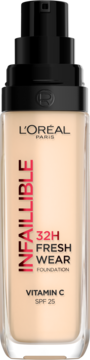 L'Oréal Infaillible 32H Fresh Wear, podkład z witaminą C i SPF 25 w szklanej butelce, widok z przodu.