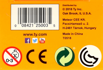 Tylne opakowanie produktu Ty Inc. Pomarańczowe tło, kod kreskowy, dane kontaktowe, "Made in China", symbol 0-3.