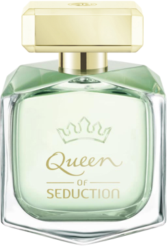 Banderas Queen Of Seduction, damska woda toaletowa. Widok z przodu butelki z jasnozielonym płynem i złotym korkiem.