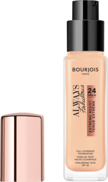 Bourjois Always Fabulous podkład, jasny beż, szklana butelka z czarną pompką i różową nakrętką obok, SPF 20.