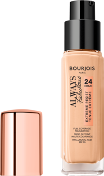 Beżowy podkład Bourjois Always Fabulous w szklanej butelce z pompką, widok z przodu, obok różowo-złota nakrętka.