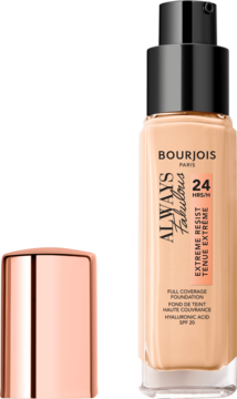 Bourjois Always Fabulous podkład beżowy, pełne krycie, 24h, z kwasem hialuronowym i SPF 20, butelka i nakrętka.