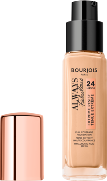 Beżowy podkład Bourjois Always Fabulous Full Coverage SPF 20, widok z przodu z odkręconą różową zakrętką.
