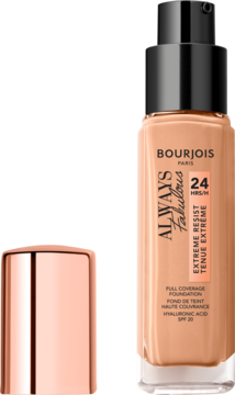 Bourjois Always Fabulous, beżowy podkład kryjący SPF 20 w butelce z pompką, obok różowo-złota nakrętka.