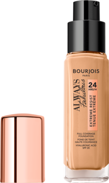Bourjois Always Fabulous podkład kryjący 24H SPF 20 w beżowej butelce z pompką, widok z odłożoną nakrętką.