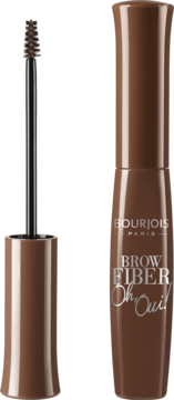 Bourjois Brow Fiber Oh Oui! maskara do brwi chestnut. Otwarta brązowa tubka z wysuniętą precyzyjną szczoteczką.