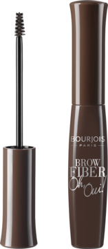 Brązowa maskara do brwi Bourjois Brow Fiber Oh Oui, tubka z napisem, obok wyjęty aplikator ze stożkową szczoteczką.