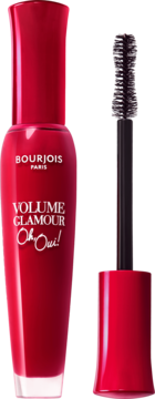 Czerwona maskara Bourjois Volume Glamour Oh Oui! z otwartym aplikatorem i czarną, zygzakowatą szczoteczką.