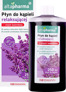 Altapharma Płyn do kąpieli relaksującej, biało-fioletowe opakowanie z lawendą, widok z przodu.