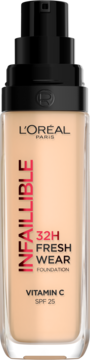 Podkład L'Oréal Infaillible 32H Fresh Wear z witaminą C i SPF 25, beżowa szklana butelka z pompką, widok z przodu.