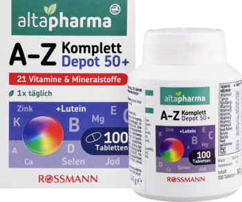 Altapharma A-Z Komplett Depot 50+, 21 witamin i minerałów. Białe pudełko i butelka 100 tabletek, widok przodem.