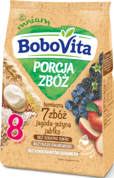 BoboVita Porcja Zbóż, brązowa torebka, bezmleczna, 7 zbóż, jagoda-jeżyna-jabłko, przód opakowania.