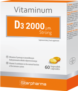 Starpharma Vitaminum D3 2000 j.m. Strong, białe pudełko z pomarańczowym paskiem, widok z przodu. Widać 2 złote kapsułki, 60 kapsułek. Suplement na odporność.
