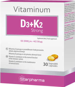 Suplement diety Vitaminum D3+K2 Strong Starpharma, biało-fuksjowe opakowanie z 30 kapsułkami, widok z przodu.