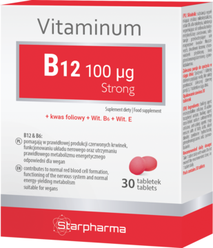 Czerwono-białe opakowanie suplementu Starpharma Vitaminum B12 100 µg Strong, widok z przodu, 30 tabletek.