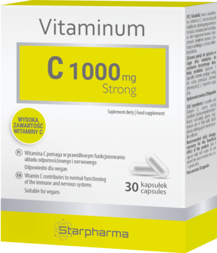 Biało-żółte opakowanie Vitaminum C 1000mg Strong Starpharma, widok z przodu i boku, z napisem "30 kapsułek".