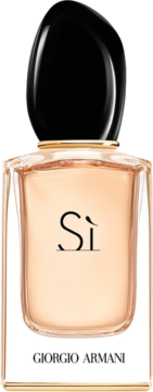 Woda perfumowana Giorgio Armani Si. Szklana butelka z różowym płynem, czarną nakrętką i złotym pierścieniem.