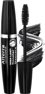 Czarny tusz Alterra Max Lash Booster Mascara z wyjętą szczoteczką i próbką konsystencji.