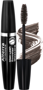 Alterra Max Lash Booster Mascara brązowy, czarna tubka obok otwarta szczoteczka z kosmetykiem na białym tle.