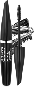 Czarny tusz do rzęs Alterra XXL Length Mascara z aplikatorem i smugami, pionowo na białym tle.