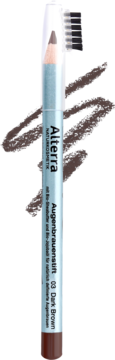 Brązowa kredka do brwi Alterra 03 Dark Brown z pędzelkiem, stojąca pionowo, obok swatch koloru.