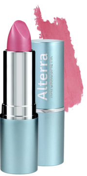 Alterra pomadka Fuchsia z olejkiem jojoba w błękitnej tubce, z wysuniętą różową szminką i swatch'em.