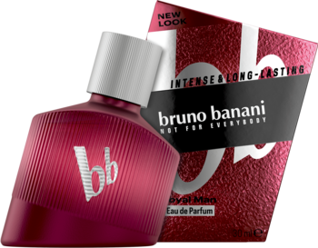 Bordowy, fasetowany flakon perfum Bruno Banani Loyal Man EDP z białym logo; teksturowane pudełko w tle.