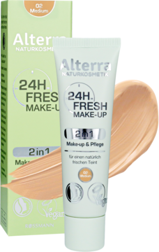 Alterra 24H Fresh Make-Up 02 Medium. Podkład pielęgnacyjny w beżowej tubce, zielone opakowanie z próbką.