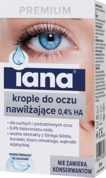Iana krople do oczu nawilżające 0,4% HA, białe opakowanie z grafiką oka, widok z przodu, bez konserwantów.