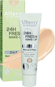 Wegański podkład Alterra 24H Fresh Make-Up 01 Light w zielonej tubce i pudełku, z próbką koloru.