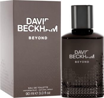 Flakon perfum David Beckham Beyond EDT z ciemną nakrętką i wzorem miasta oraz brązowe pudełko.
