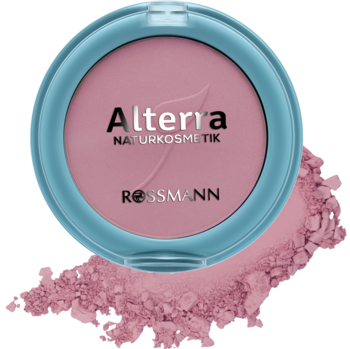 Alterra róż w kamieniu Natural Rose w błękitnym, okrągłym opakowaniu z widocznym różowym pudrem naokoło, z góry.