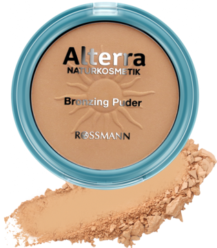 Alterra puder brązujący 01 Honey Gold w otwartym turkusowym opakowaniu z wytłoczonym słońcem, ze swatche.