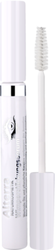 Alterra Längen Serum, białe opakowanie z aplikatorem-szczoteczką obok, widok z przodu na otwarty produkt.