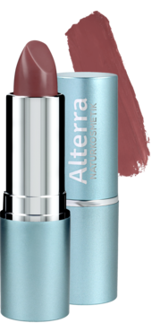 Pomadka Alterra Naturkosmetik Terra (brudny róż) z olejkiem jojoba w jasnoniebieskim etui; obok swatch.