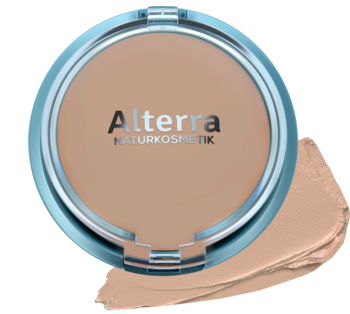 Alterra Camouflage Make-Up Light podkład w kompakcie. Beżowy, okrągły, z jasnoniebieskim brzegiem, widok z góry, obok próbka.