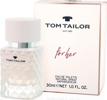 Flakon Tom Tailor For Her EDT 30ml z różową wodą, fasetowane szkło, obok różowe pudełko, widok z przodu.