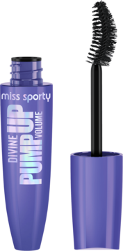 Fioletowy tusz do rzęs Miss Sporty Divine Pump Up Volume z wyjętą czarną szczoteczką, widok z przodu.