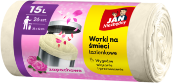 Zapachowe worki na śmieci JAN Niezbędny, 15L, 26 sztuk, biały zwinięty rolka, etykieta z różami.