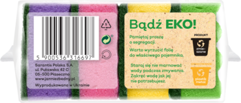 Tył kolorowego opakowania Zmywaka falistego JAN Niezbędny, z kodem kreskowym i etykietą 'Bądź EKO!'