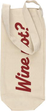 Cream canvas wine bottle tote bag with red 'Wine / not?' text printed vertically, handles at top, front view.