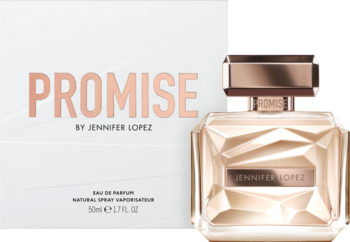 Jennifer Lopez Promise EDP, złoty, geometryczny flakon perfum obok białego pudełka z nazwą.