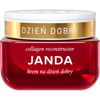 Janda Collagen Reconstructor krem na dzień dobry, czerwony słoik z białym wieczkiem i złotym paskiem, widok z przodu.