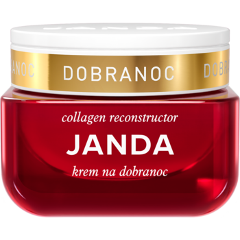 Janda Collagen Reconstructor krem na dobranoc w czerwonym słoiku z białą pokrywką i złotą obręczą. Widok z przodu.
